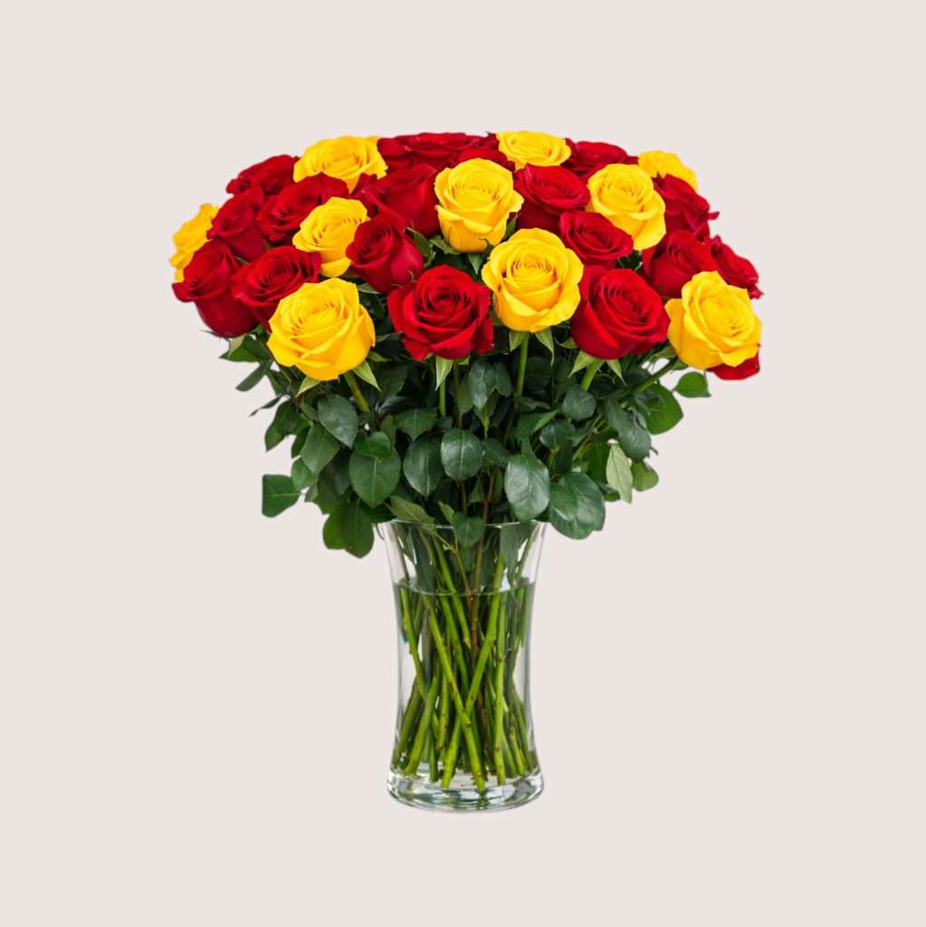 Vase with 25 Red & 25 Yellow Roses