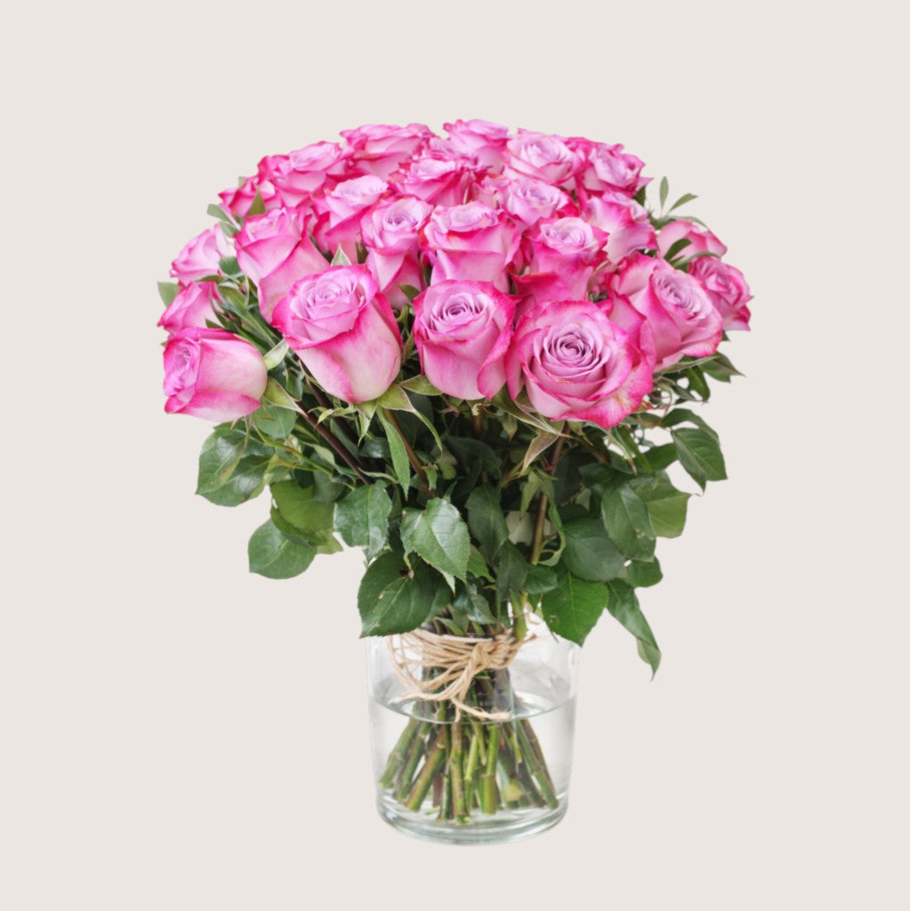 Vase with 25 Deep Purple Roses