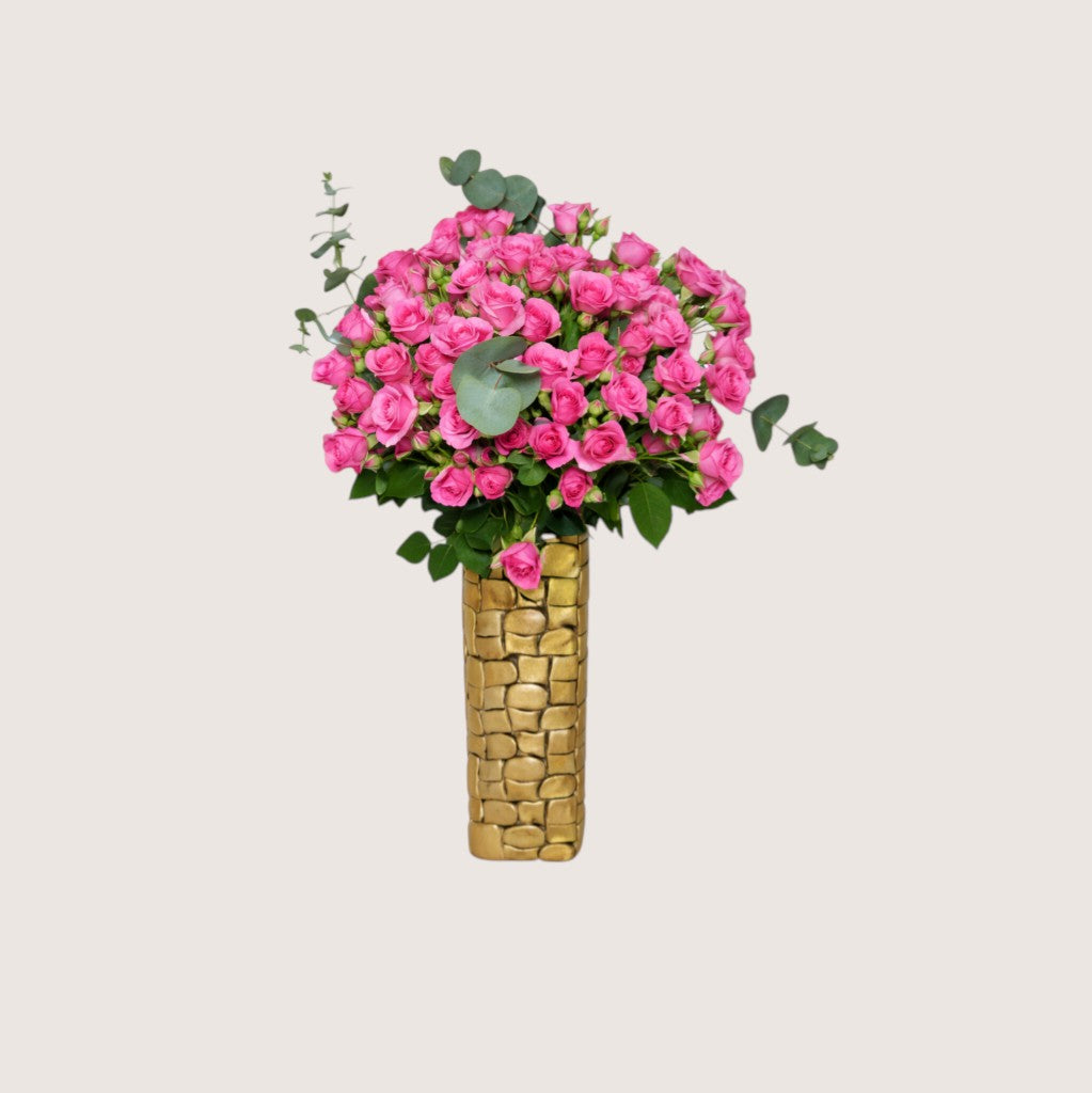 Vase with 20 Pink Baby Roses & Green Leaves