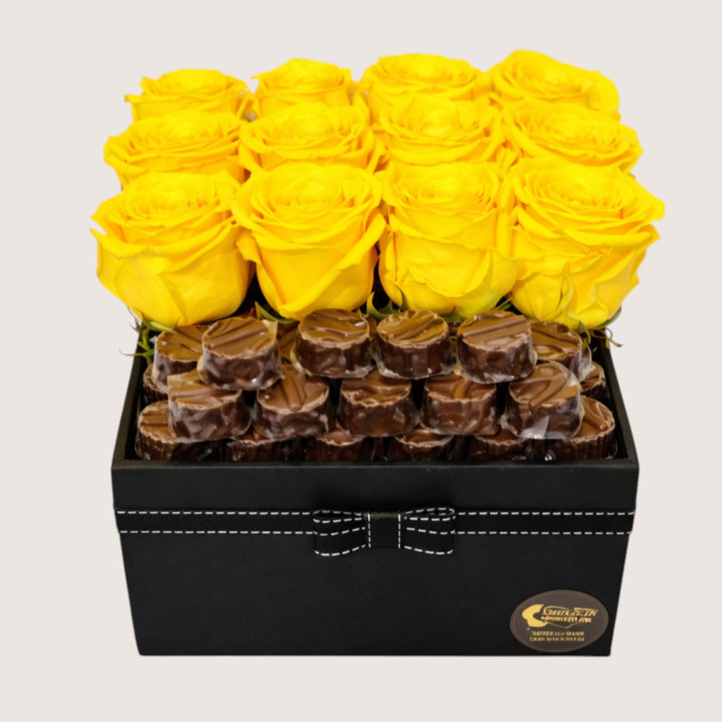 Acrylic Box with Yellow Roses & 25 Chocolates