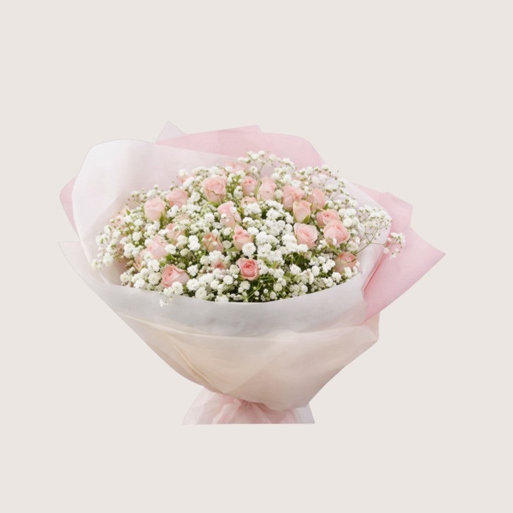 Bouquet of 20 Peach Baby Roses with Gypsophila
