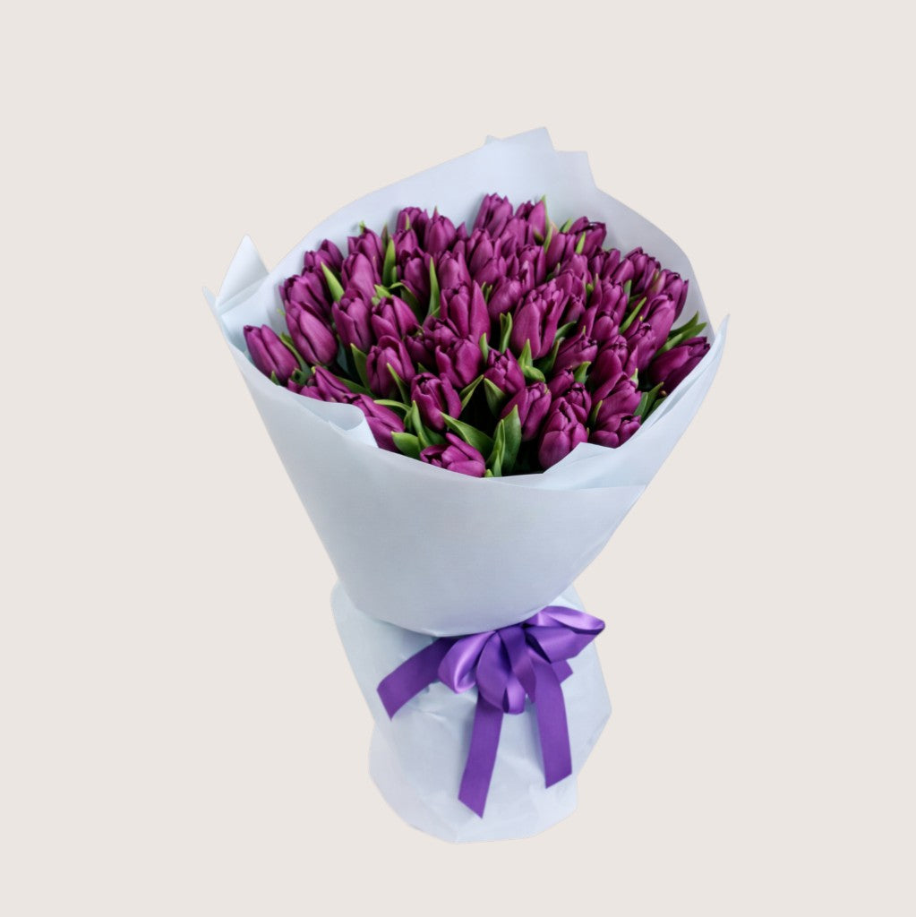 Bouquet of 30 Purple Tulips with White Wrapping