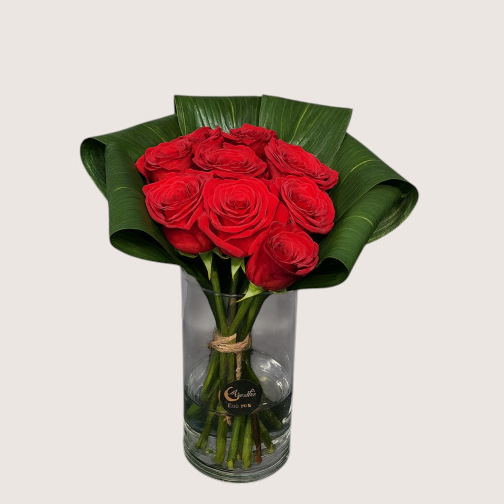 Vase with 25 Red Roses & Green Leaves