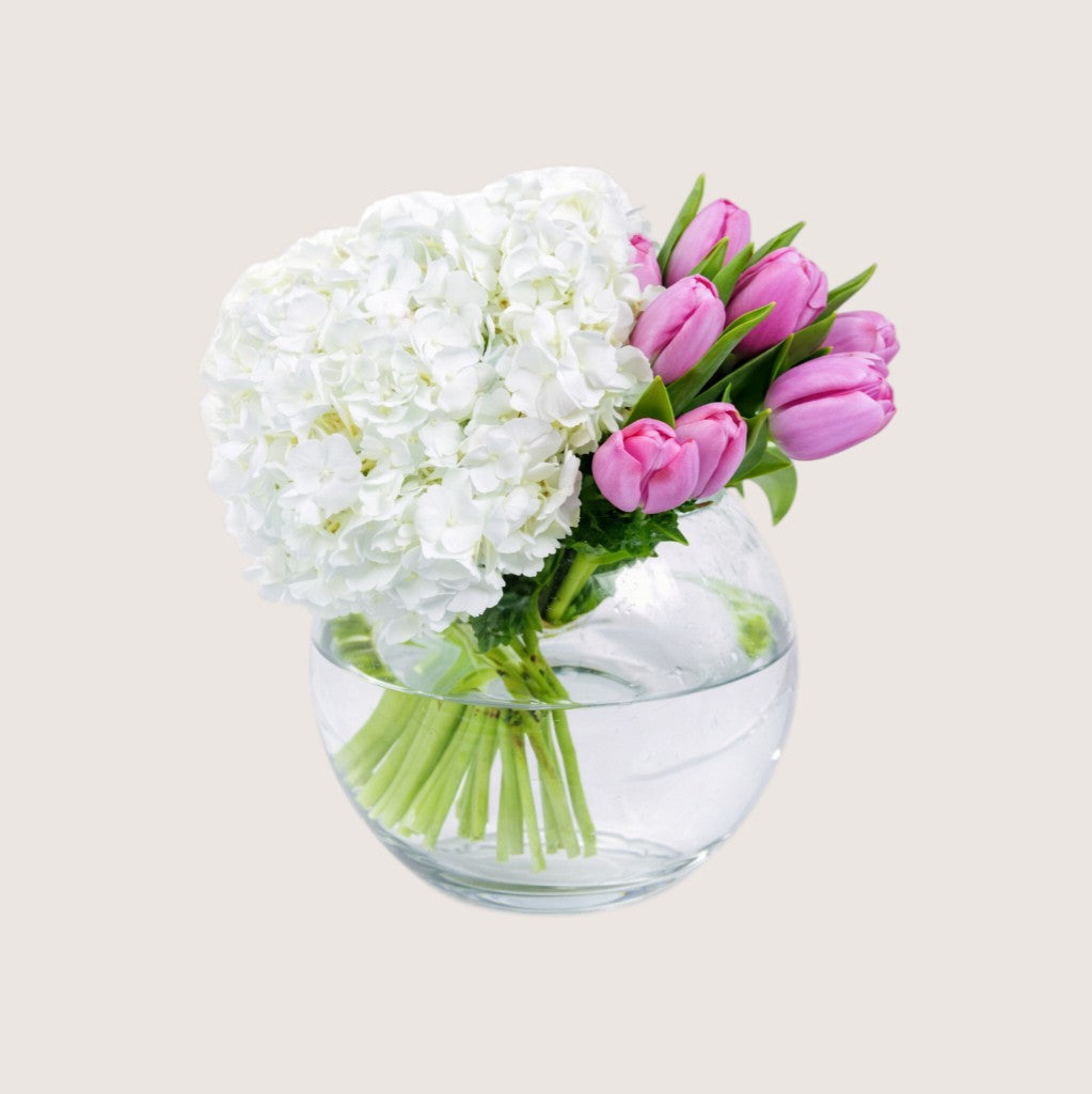 Bowl with 2 White Hydrangeas & 10 Pink Tulips