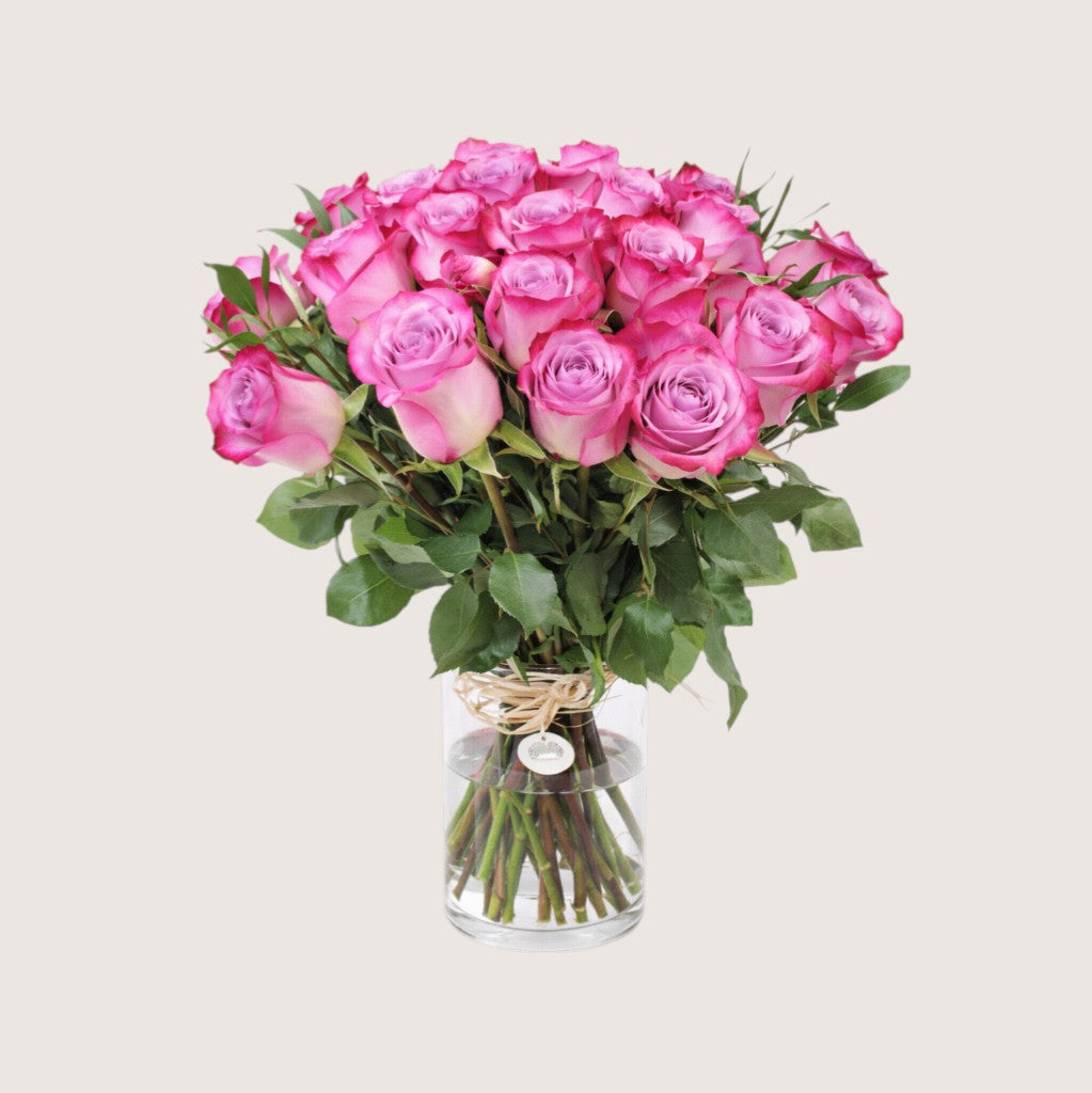 Vase with 25 Fuchsia Roses