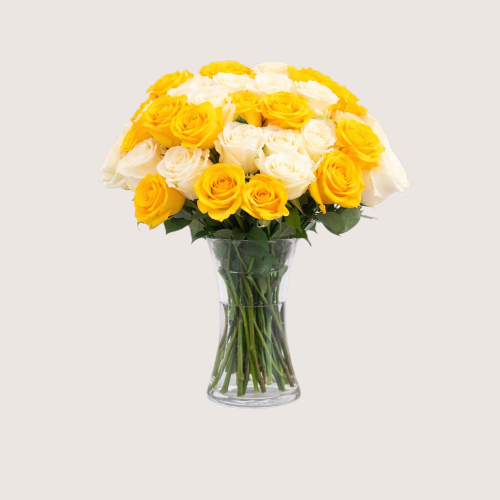 Vase with 20 Mixed Yellow & White Roses