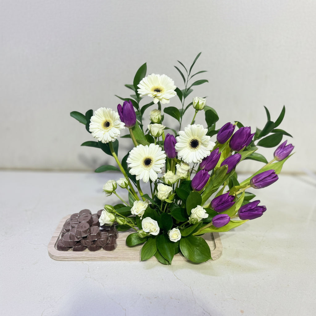purple flowers wooden stand