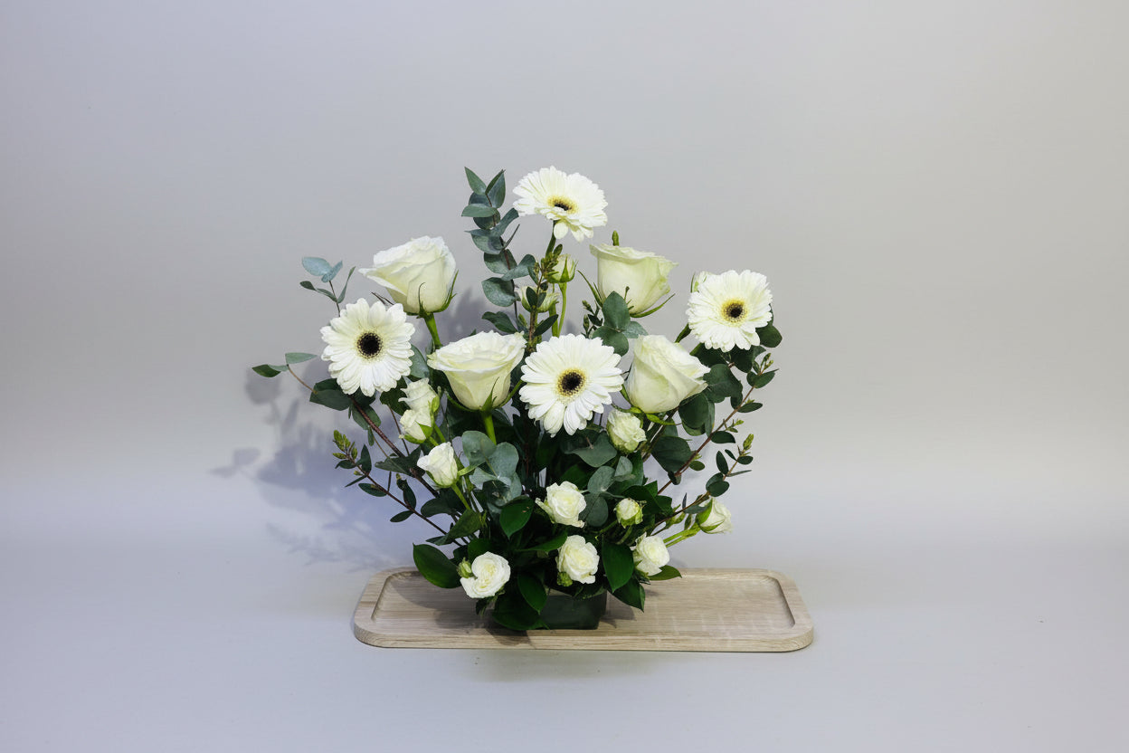 Wooden Tray with White Gerberas