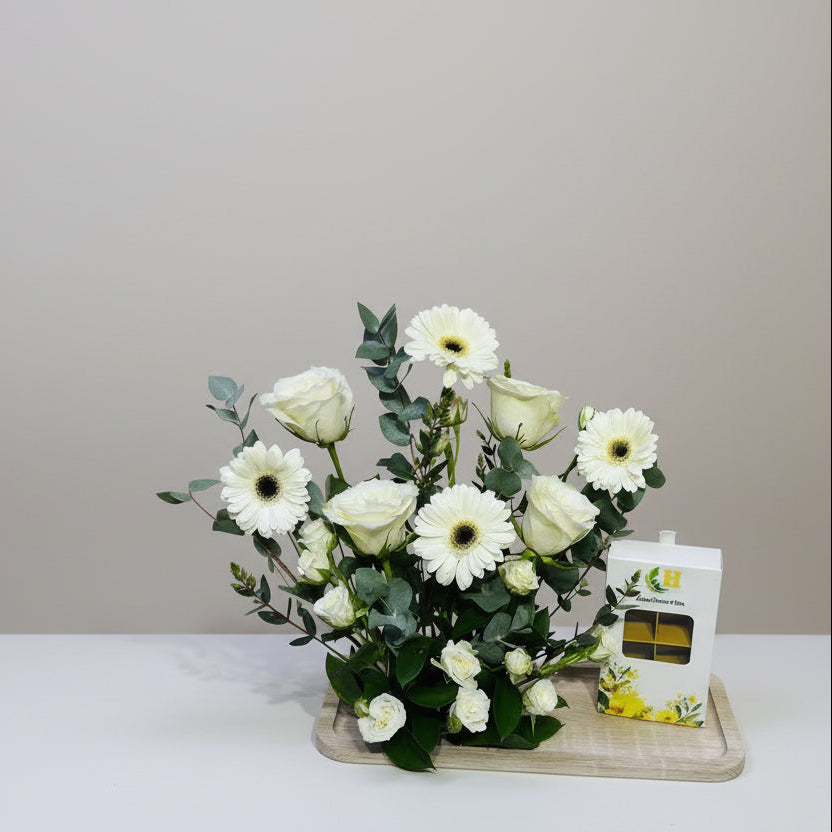 Wooden Tray with White Gerberas