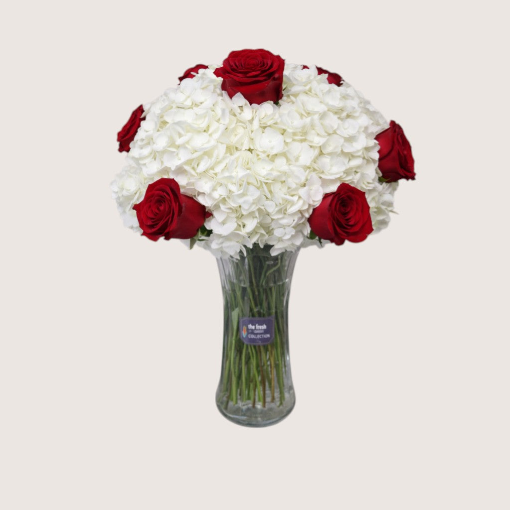 Vase with 3 White Hydrangeas & 7 Red Roses