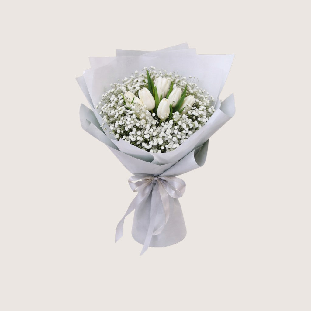 Bouquet of 10 White Tulips & Gypsophila