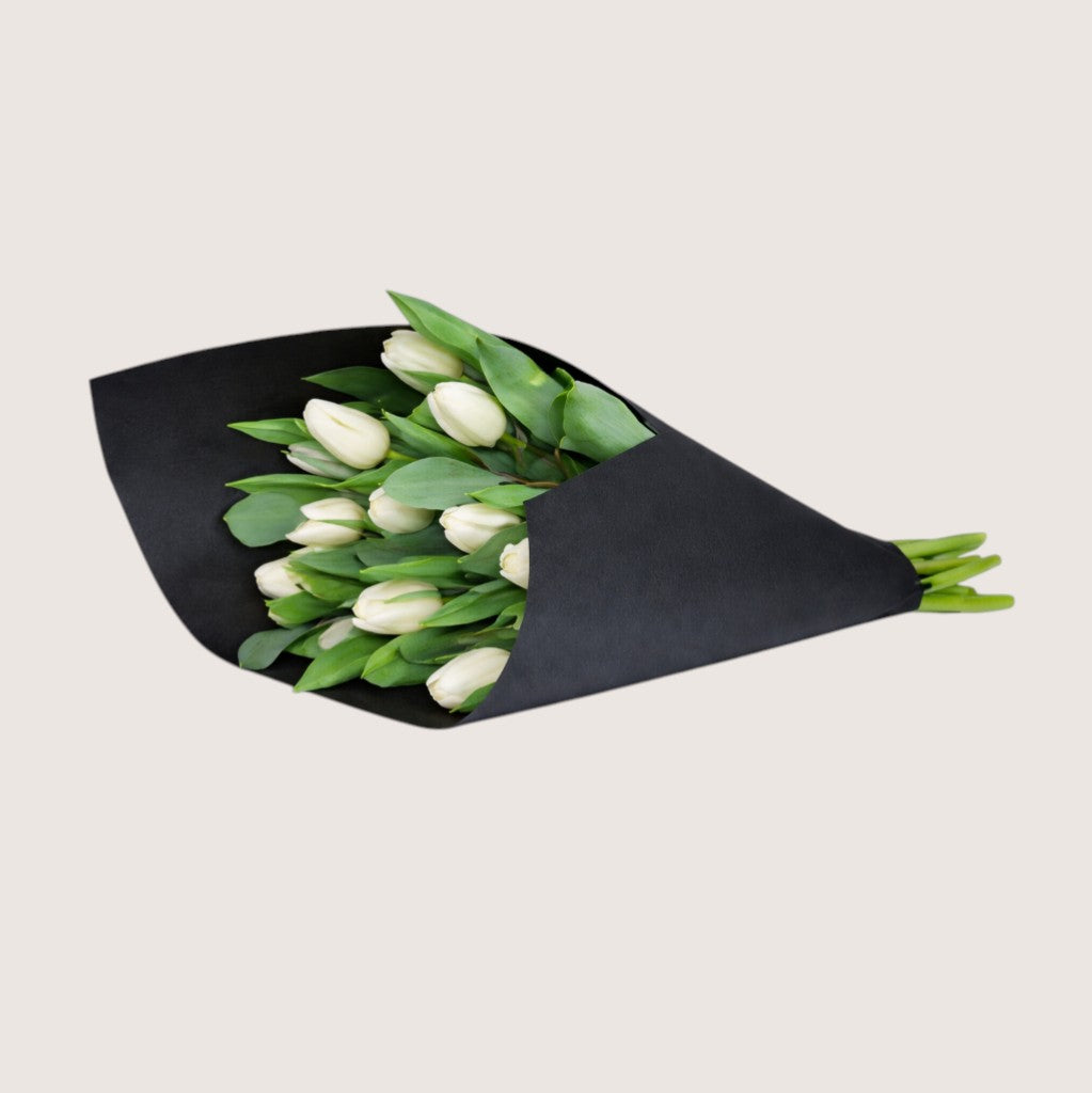 Bouquet of 20 White Tulips with Black Wrapping