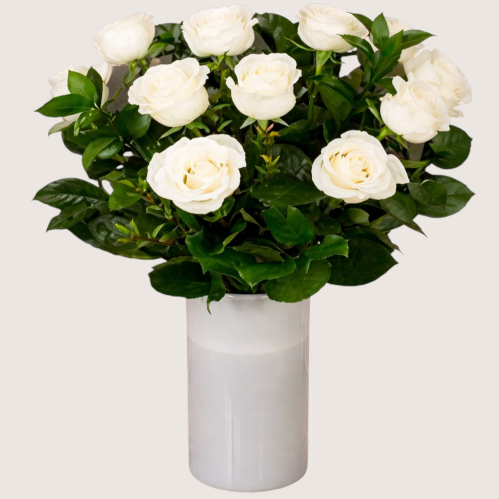 Vase with 15 White Roses & Green Leaves