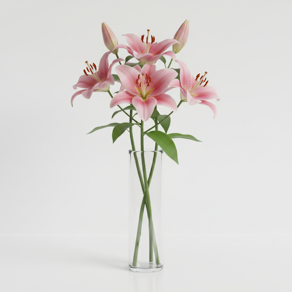 5 pink lilies in a sleek clear glass vase