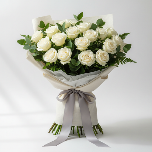 25 premium white roses bouquet with green foliage